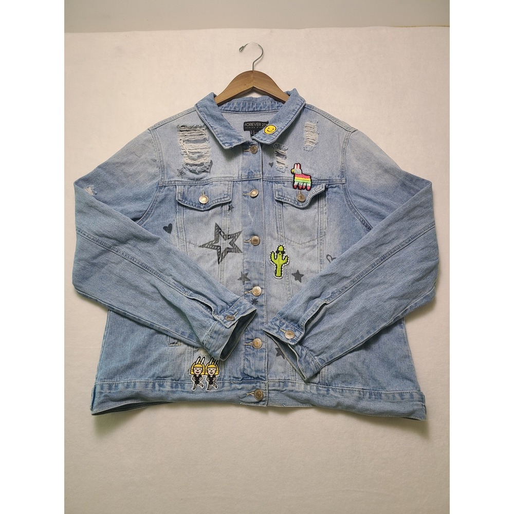 Forever 21 2X Denim Jacket Patchwork Distressed Light Wash Graphic Trucker Coat